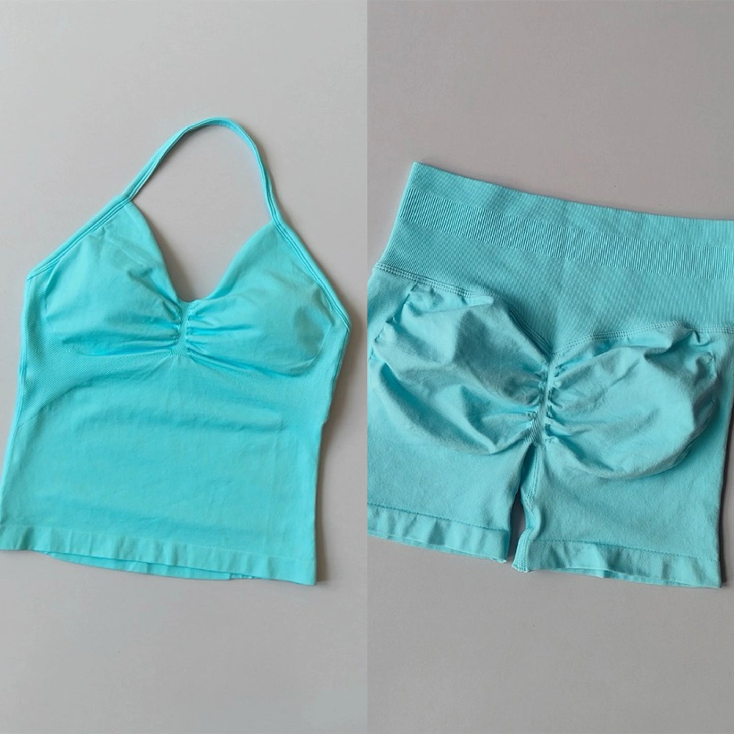 Seamless Nylon Elastane Yoga Set Halter Neck Sports Bra And Shorts
