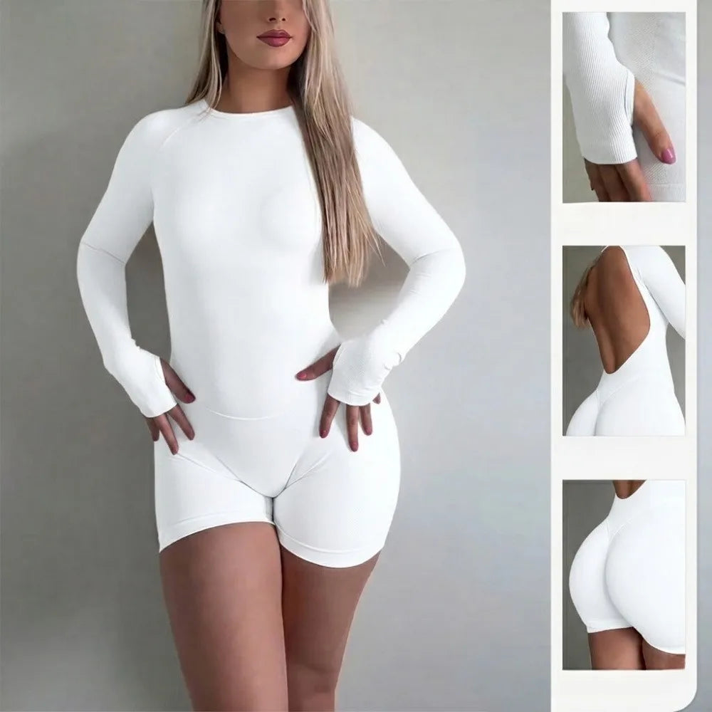 Women Seamless Knit Open Back Yoga Jumpsuit Romper Nylon Breathable