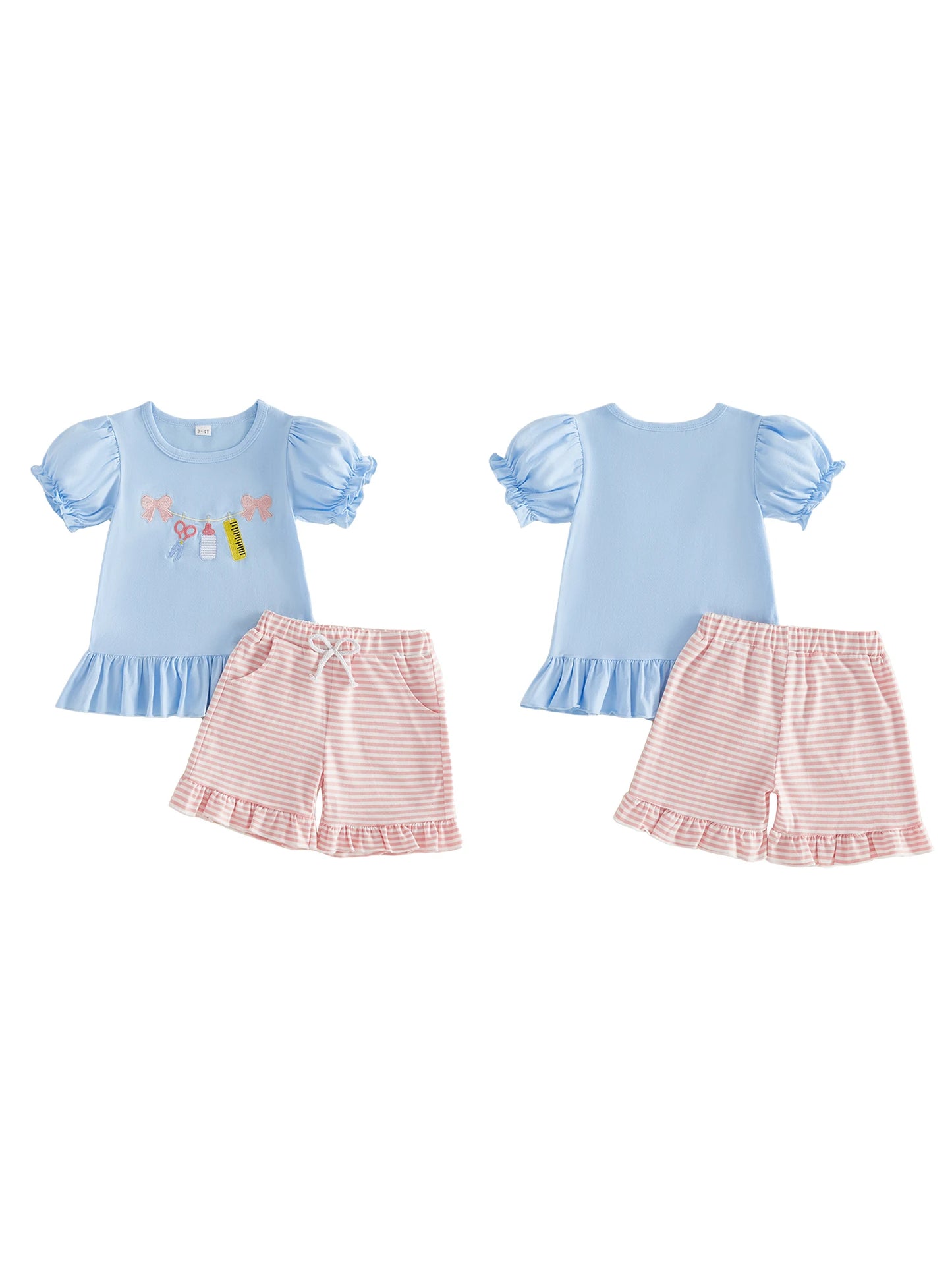 Cathery CN Girls 2Piece Ruffle TShirt And Striped Shorts Set