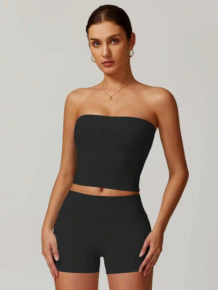 Womens Strapless Crop Top And Shorts Set Yoga Fitness Wear