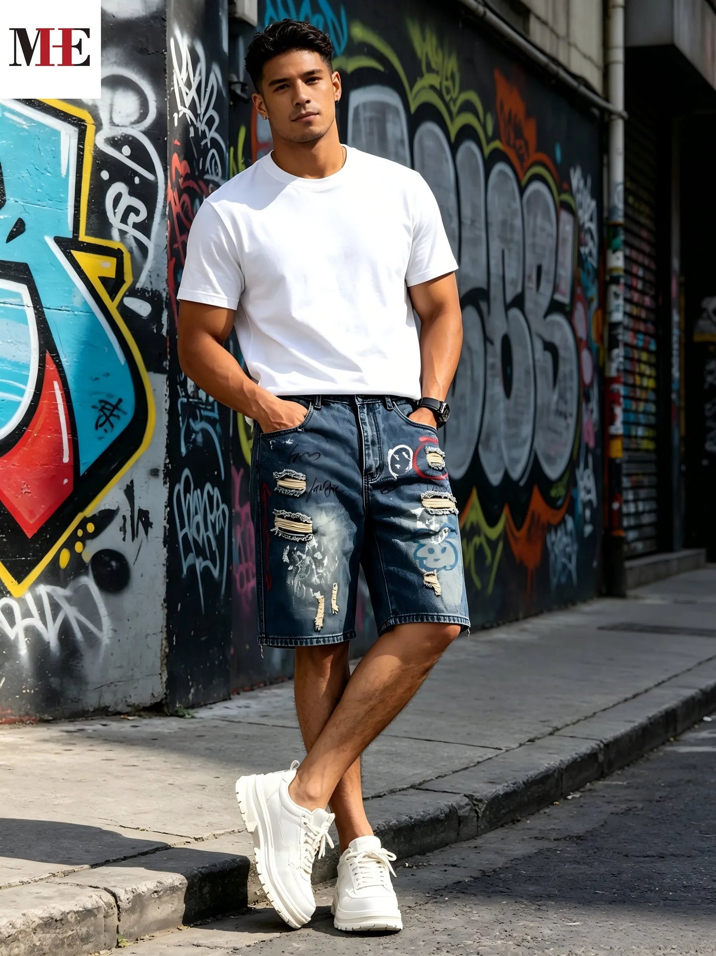 HME Loose Denim Shorts For Men With Unique Graffiti Artwork