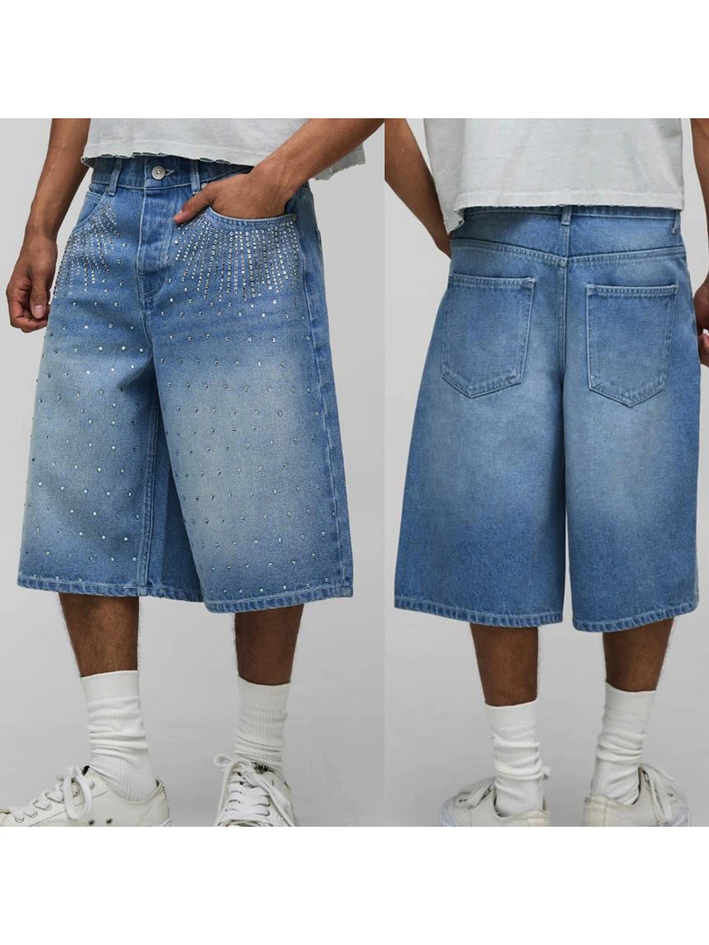 Men's Denim Shorts With Distressed Details And Frayed Hem