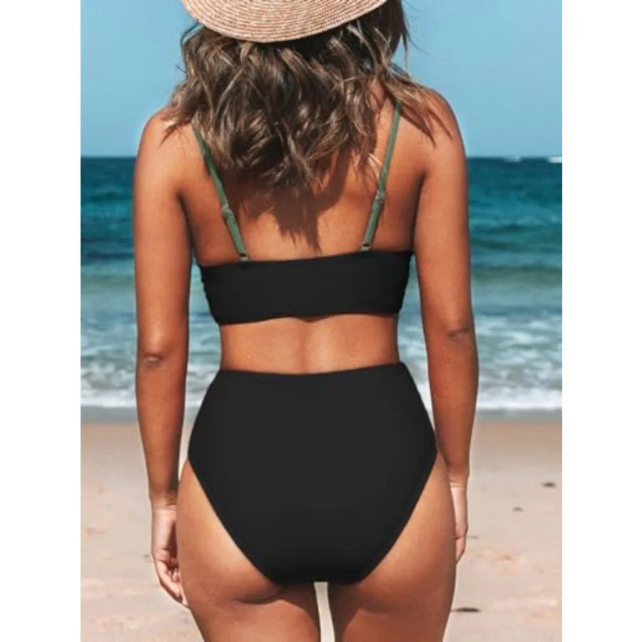 Women's High Waisted Twist Front Bikini Set With Adjustable Straps