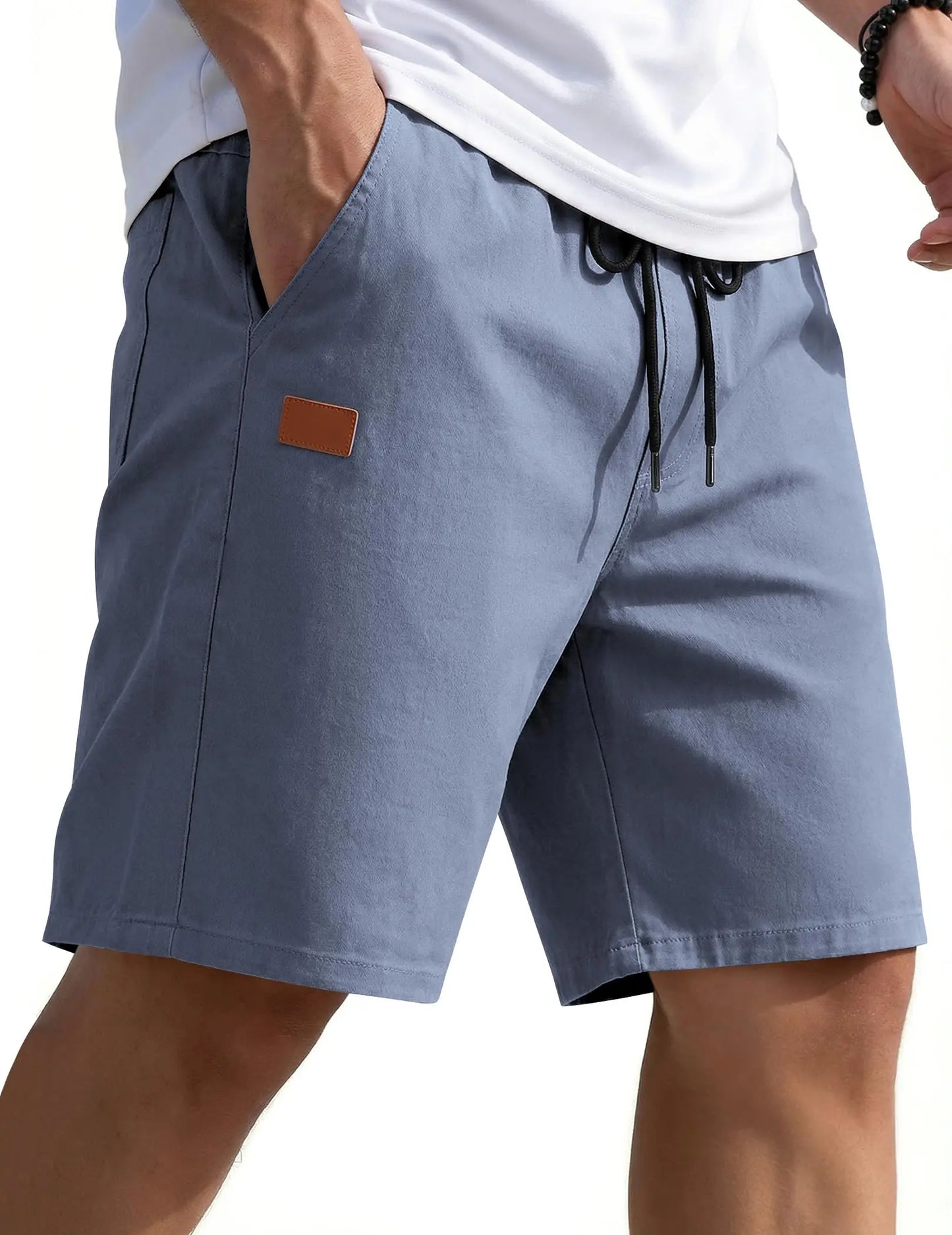 Mens Casual Shorts 9" Chino Cotton Shorts Summer Beach Drawstring Shorts with Pockets