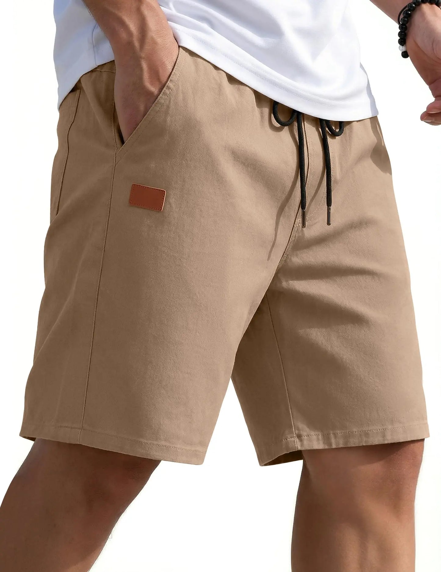 Mens Casual Shorts 9" Chino Cotton Shorts Summer Beach Drawstring Shorts with Pockets