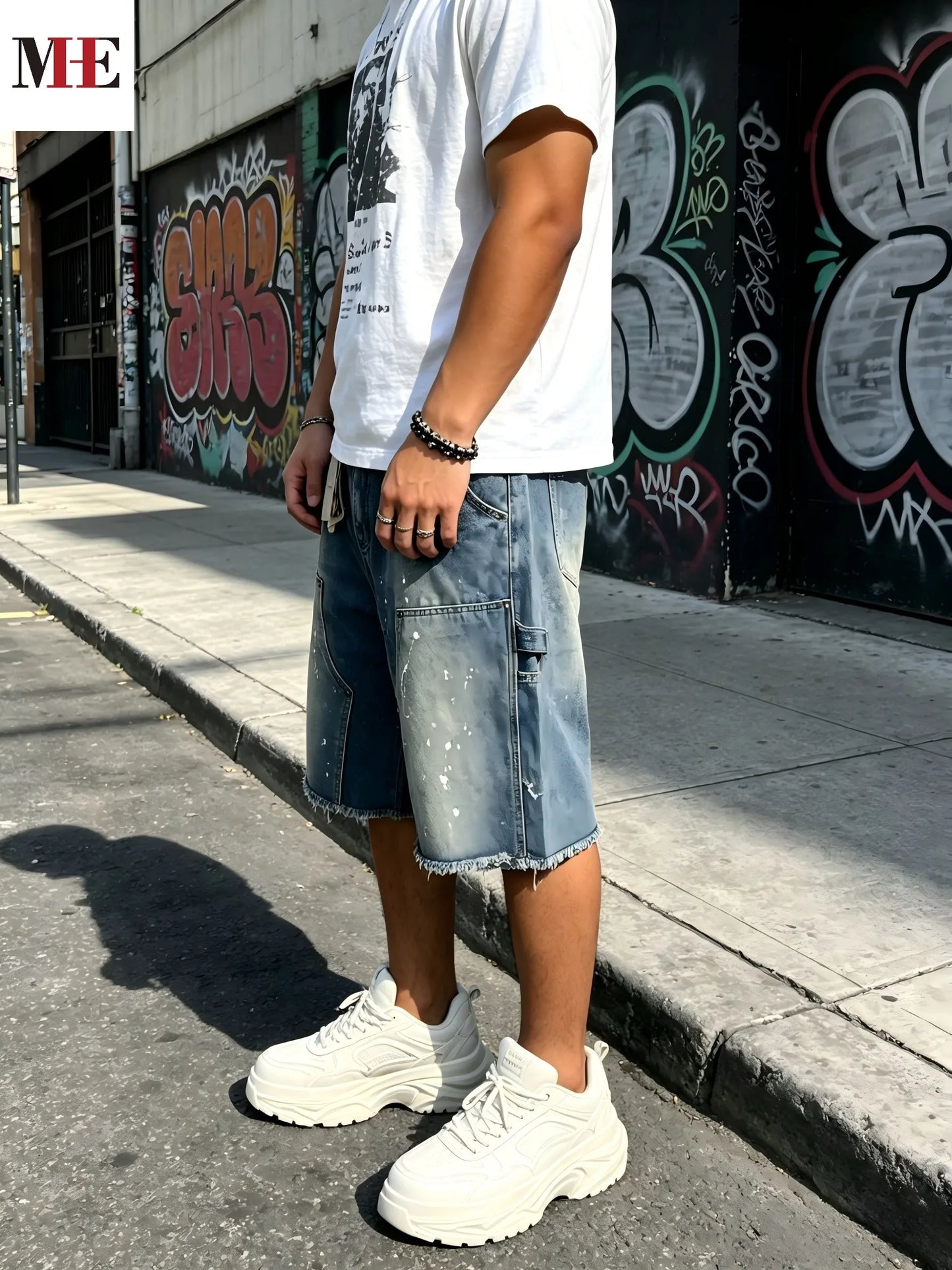 HME Men's Workwear Denim Cargo Shorts With Paint Splatter