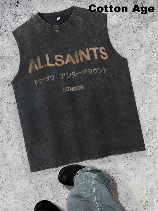 Vintage Men's Tank Top Print Design Knit Cotton Casual Tee