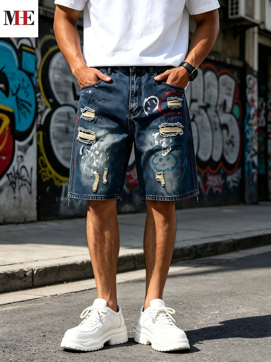 HME Loose Denim Shorts For Men With Unique Graffiti Artwork