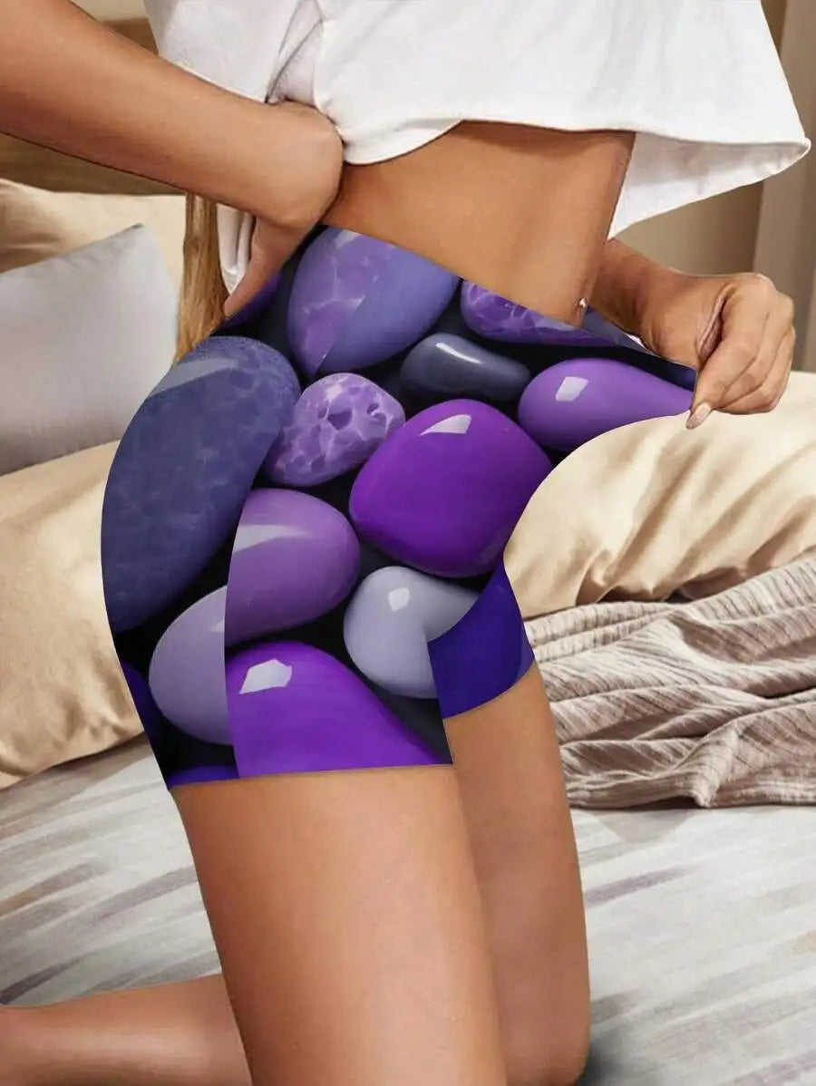 Women Purple Stone Print Sport Shorts For Casual Fitness