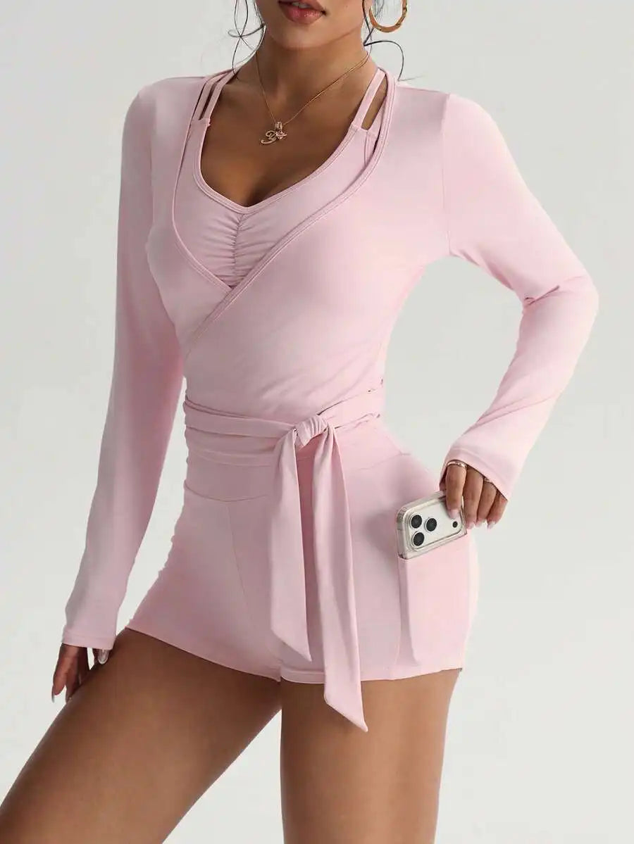 Women Three Piece Sport Set With Long Sleeve V Neck Top Bra Shorts