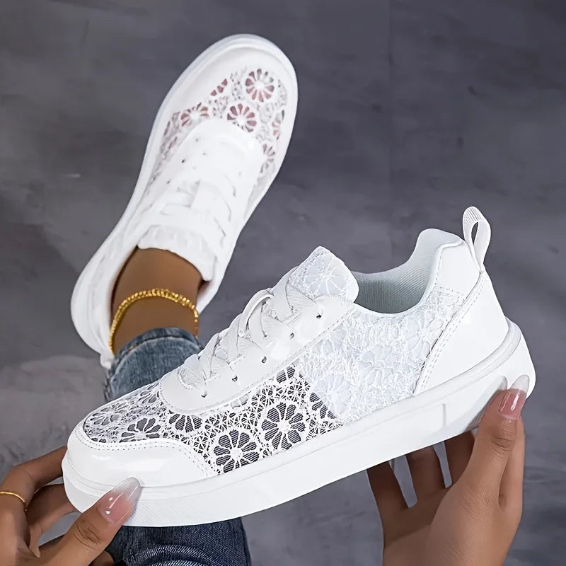 Women Breathable Platform Sneakers With Floral Embroidered Mesh Details