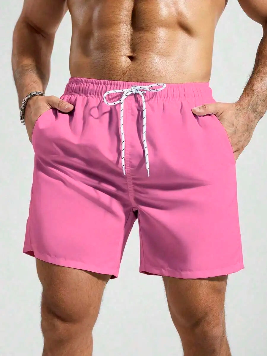 Mens Pocketed Drawstring Waist Beach Quick Dry Swim Trunks