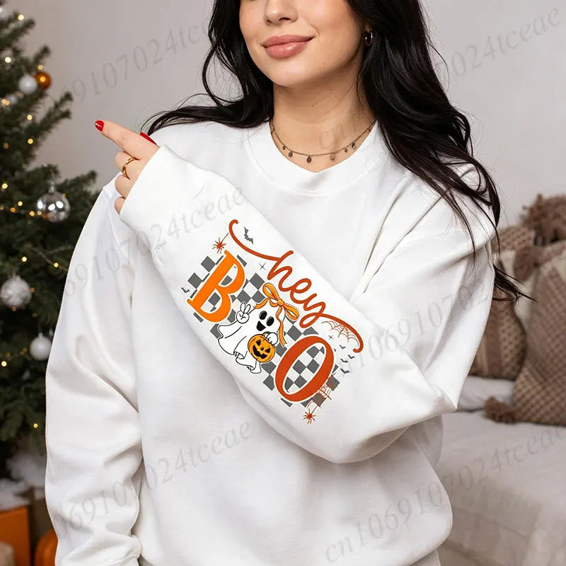 KUCLUT Halloween Cute Bow Ghost Pumpkin Unisex Graphic Sweatshirt