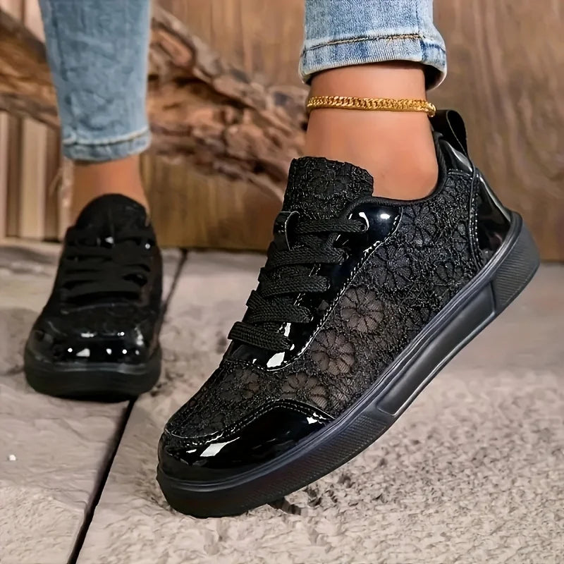 Women Breathable Platform Sneakers With Floral Embroidered Mesh Details