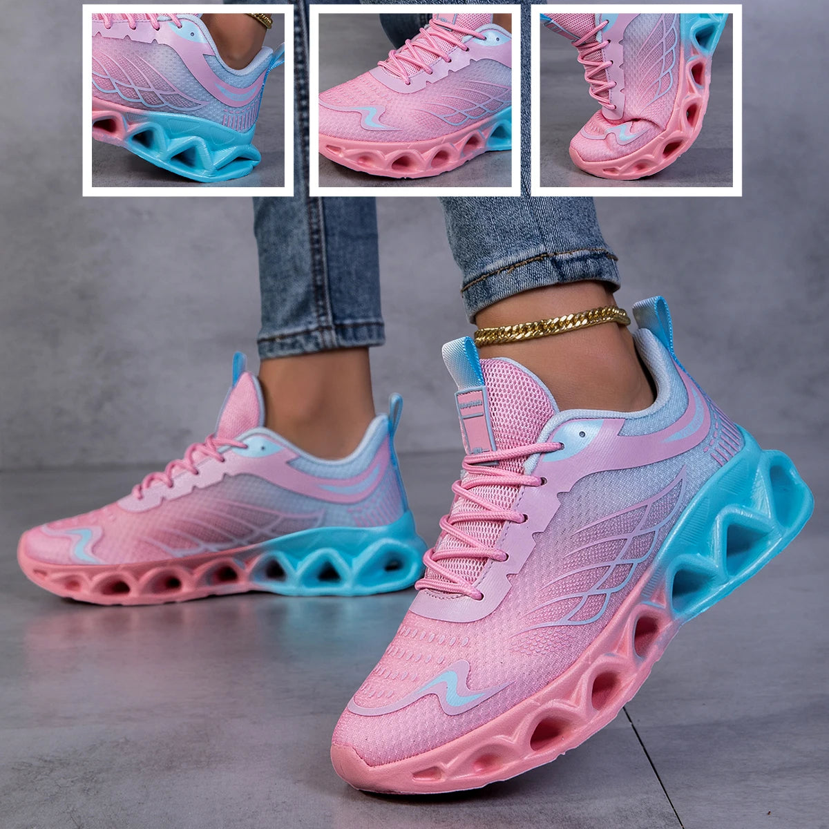 Gradient Mesh Running Sneakers Breathable Shock Absorbing Blade Sole Shoes