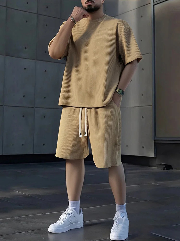 Men's Crew Neck Short Sleeve Shorts Set Textured Sweat Absorbent