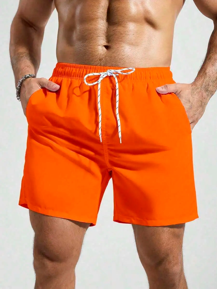 Mens Pocketed Drawstring Waist Beach Quick Dry Swim Trunks