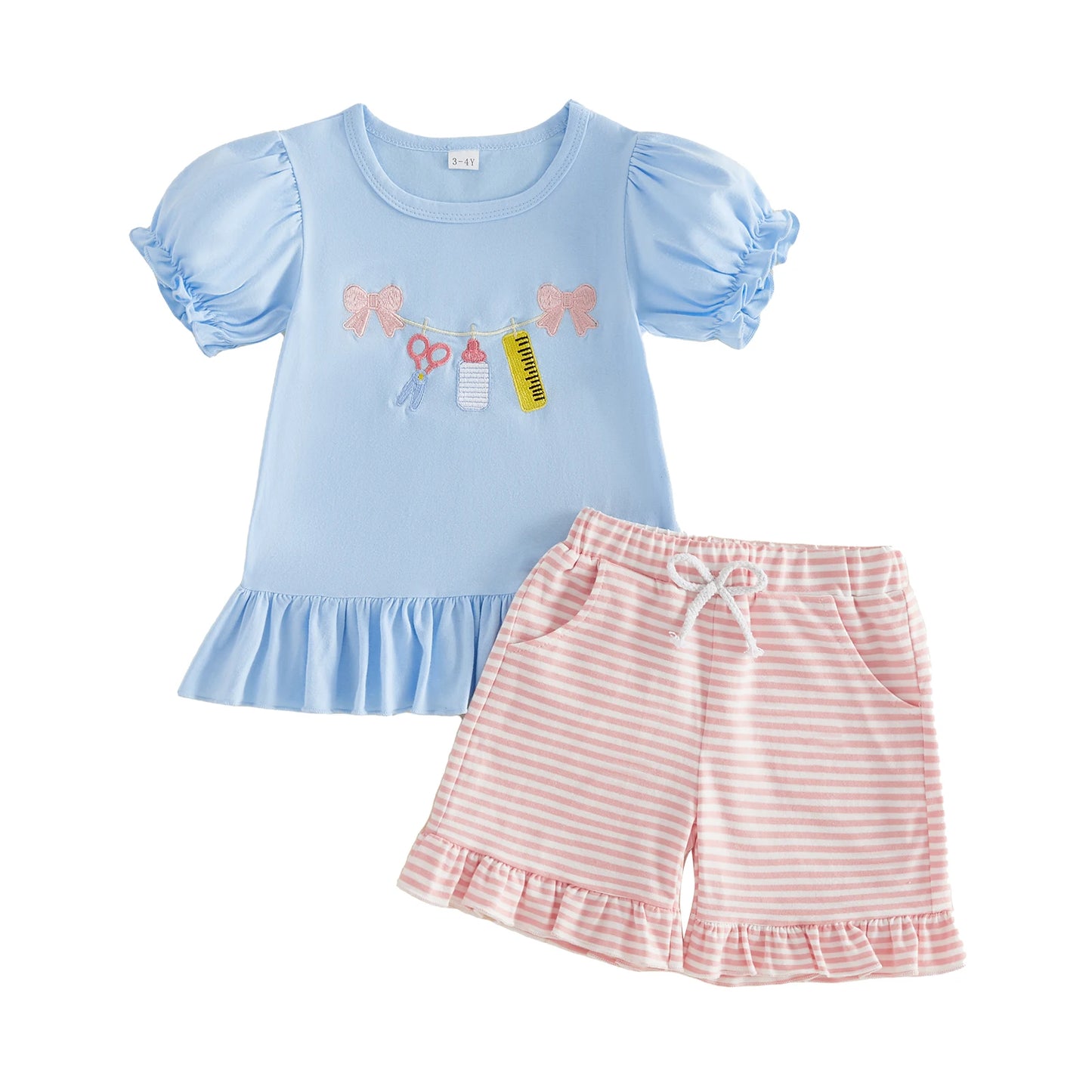 Cathery CN Girls 2Piece Ruffle TShirt And Striped Shorts Set
