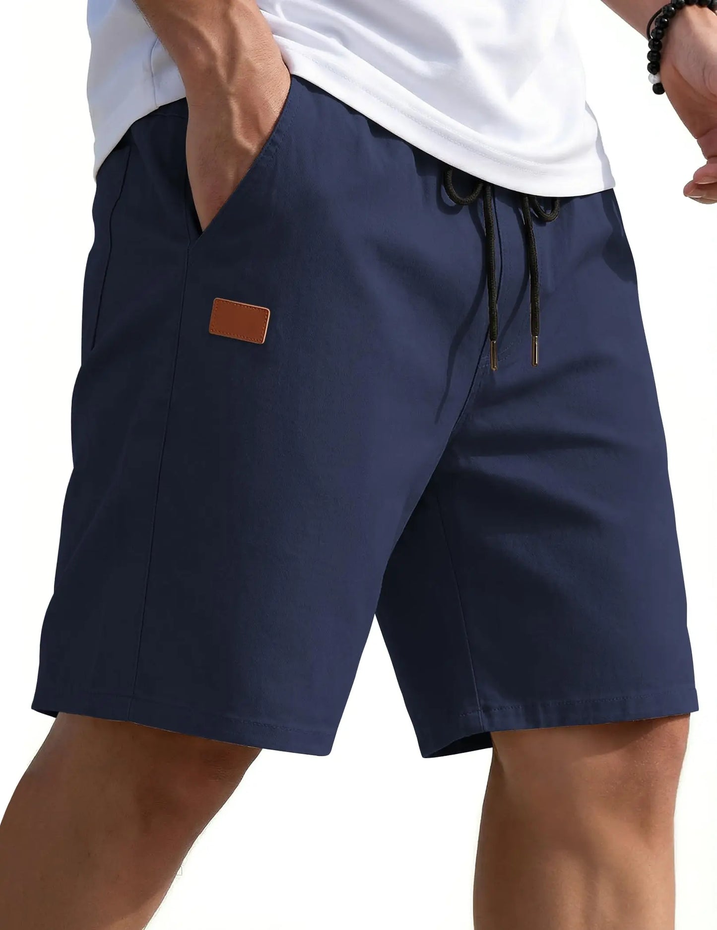 Mens Casual Shorts 9" Chino Cotton Shorts Summer Beach Drawstring Shorts with Pockets