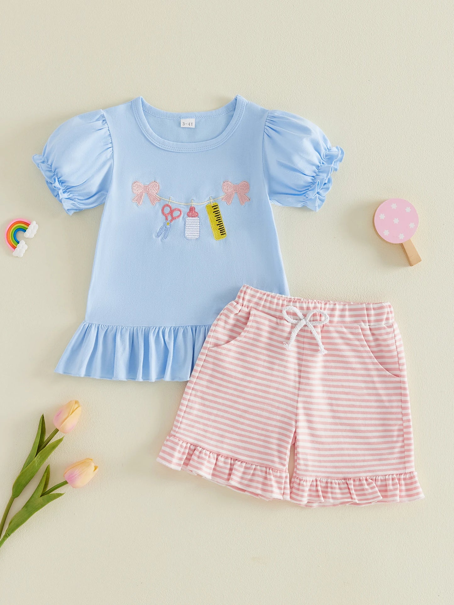Cathery CN Girls 2Piece Ruffle TShirt And Striped Shorts Set