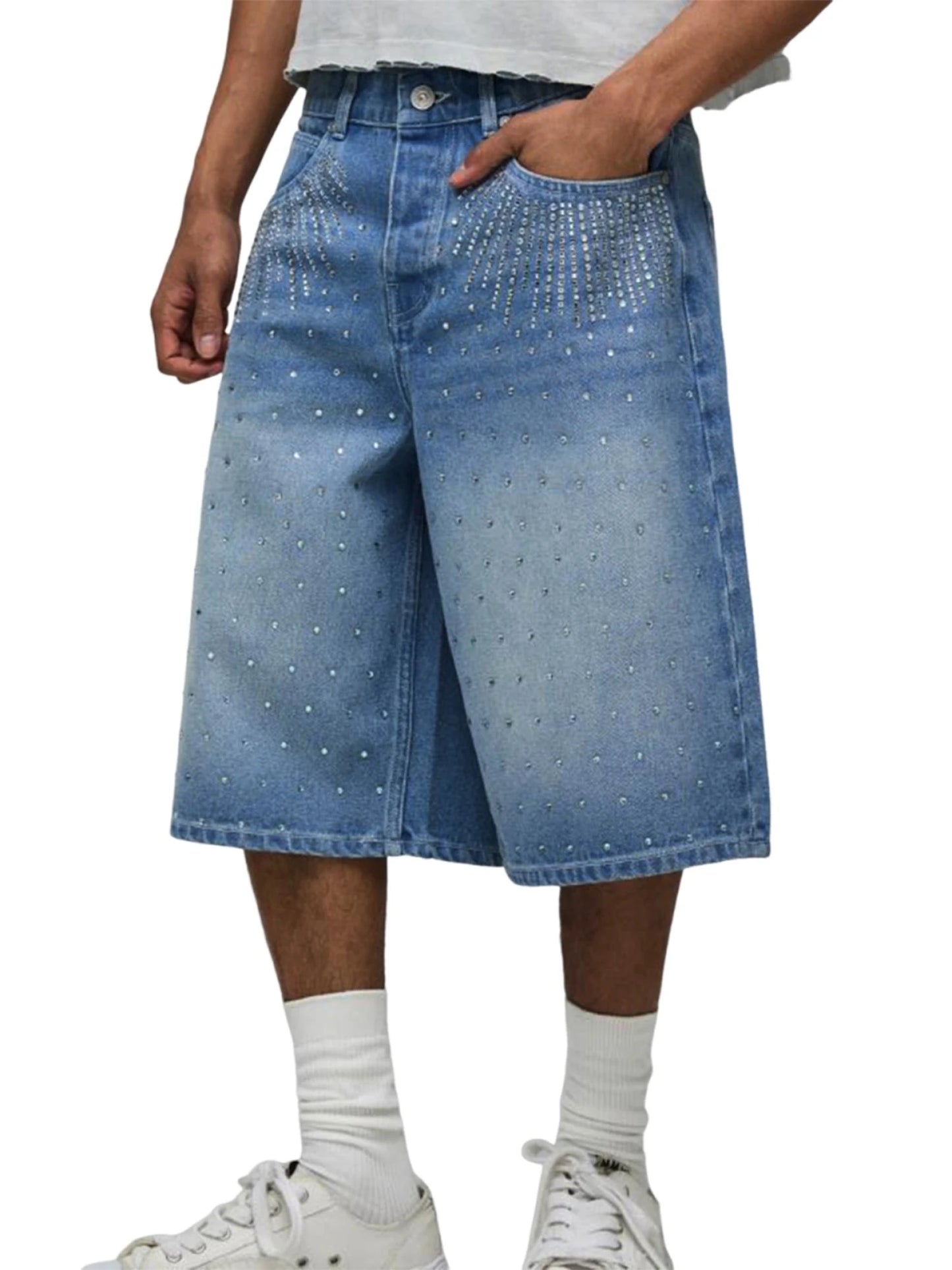 Men's Denim Shorts With Distressed Details And Frayed Hem