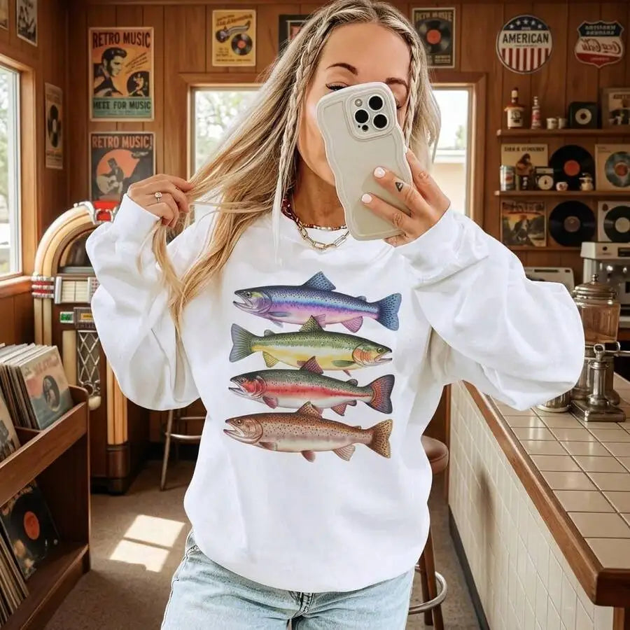 Abstract Trout River Fish Print Crew Neck Pullover Sweatshirt
