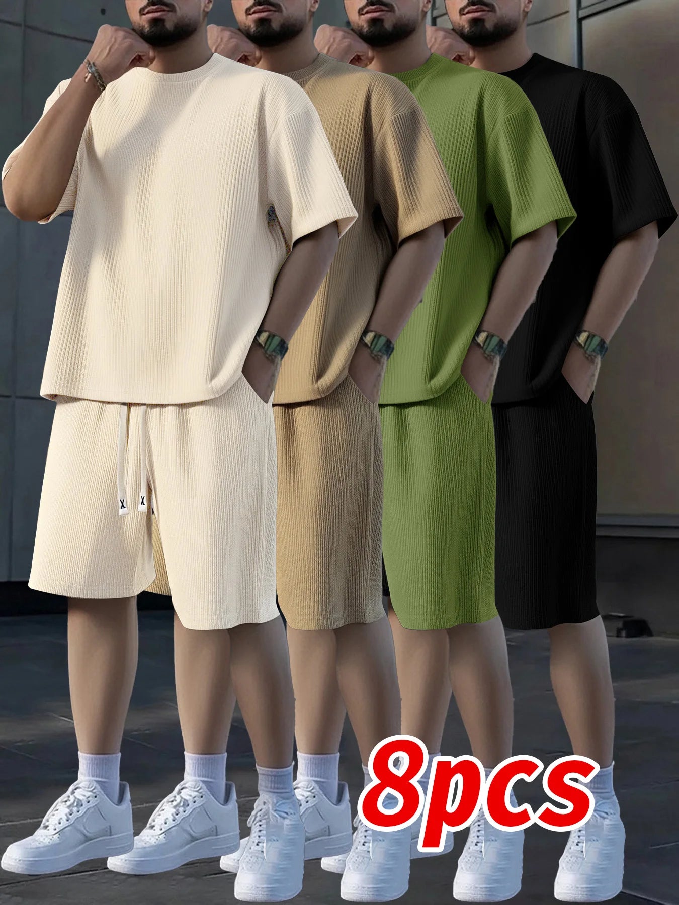 Men's Crew Neck Short Sleeve Shorts Set Textured Sweat Absorbent