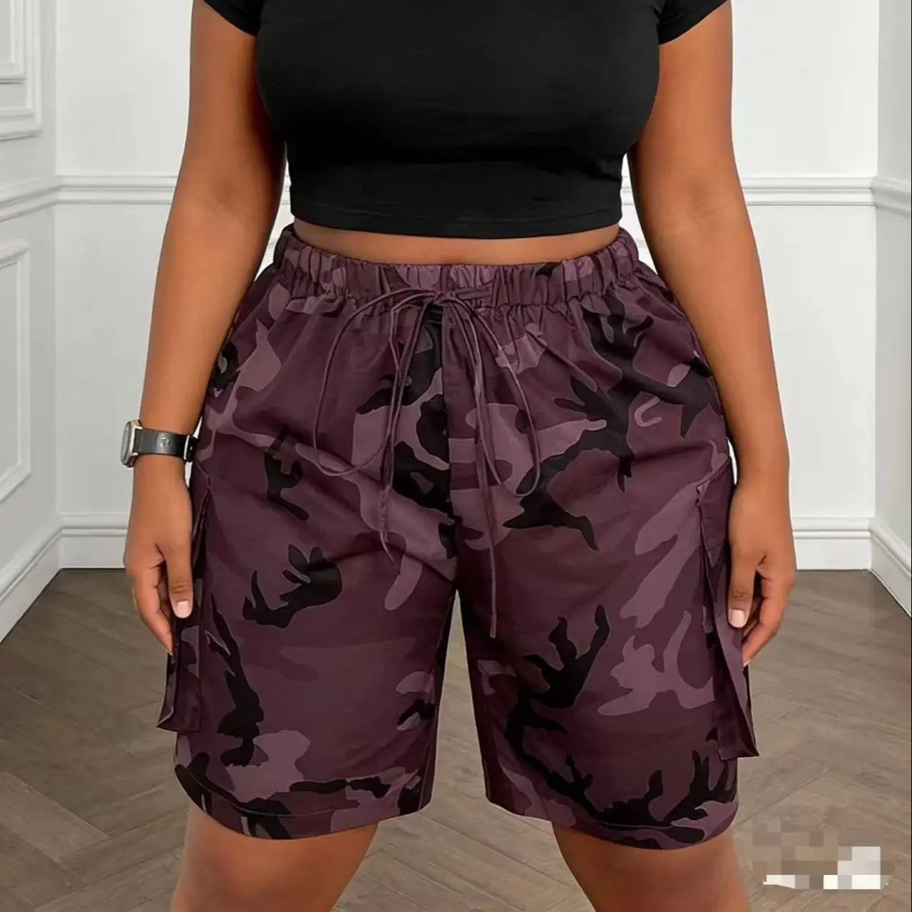 Women's High Waist Drawstring Cargo Shorts With Large Pockets