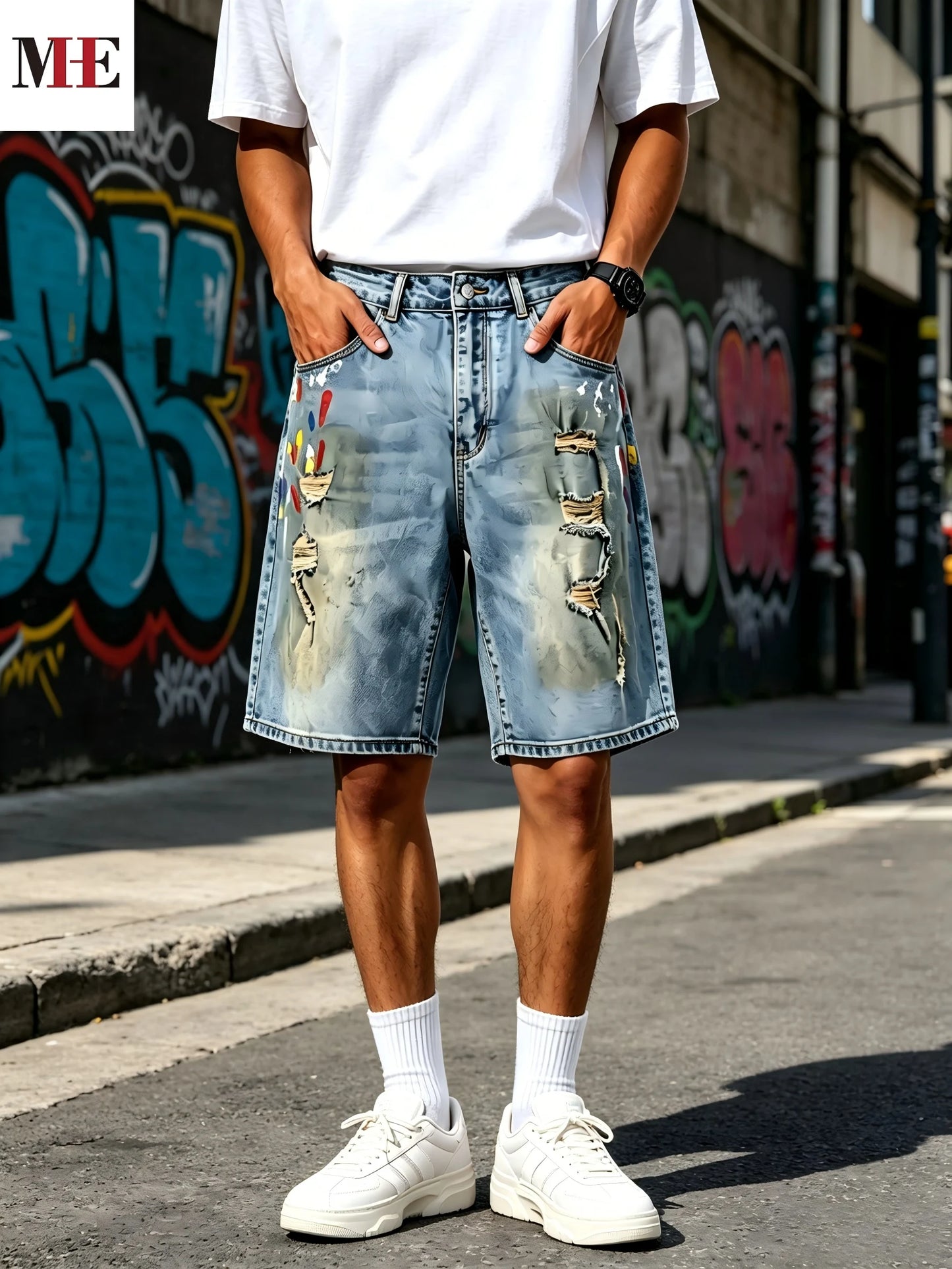 HME Denim Shorts For Men Washed Knee Length With Rips