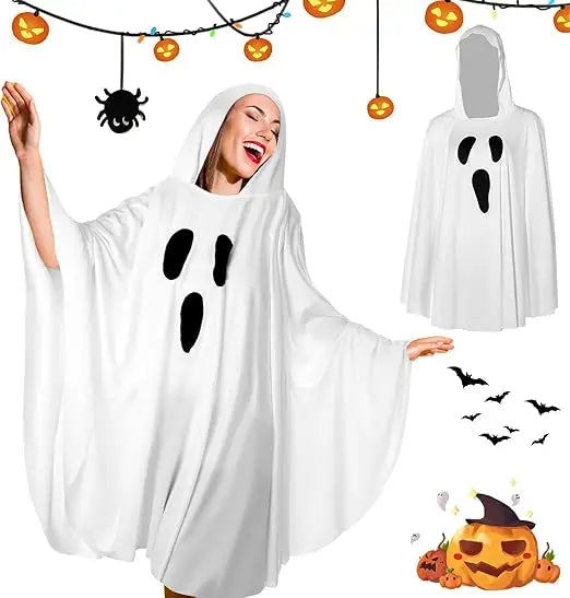 Adult Ghost Halloween Costume With Hooded Poncho Cape for Parties