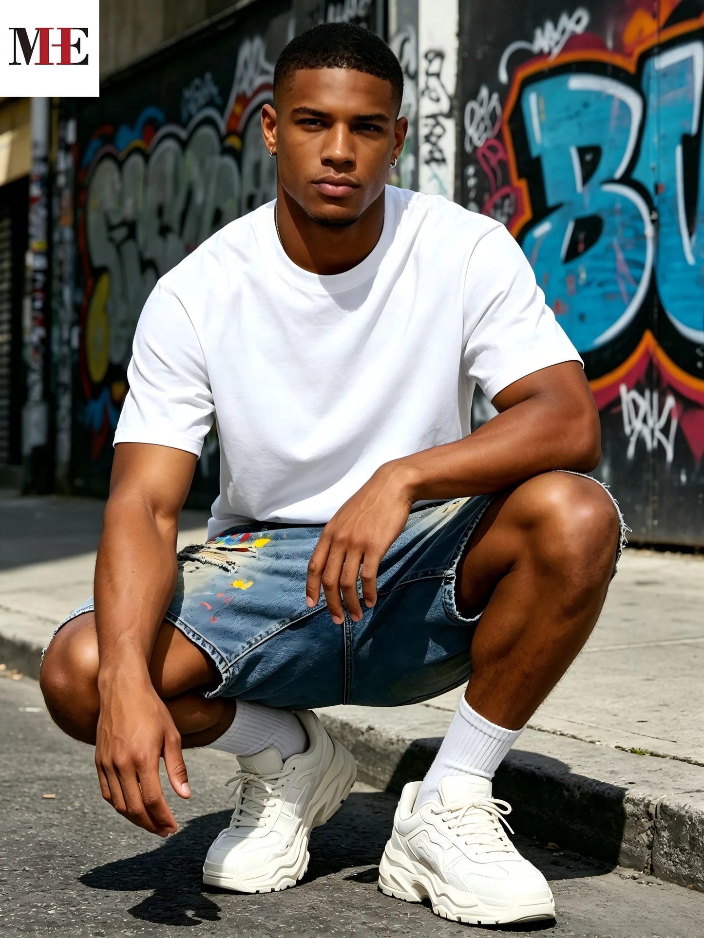 HME Denim Shorts For Men Washed Knee Length With Rips