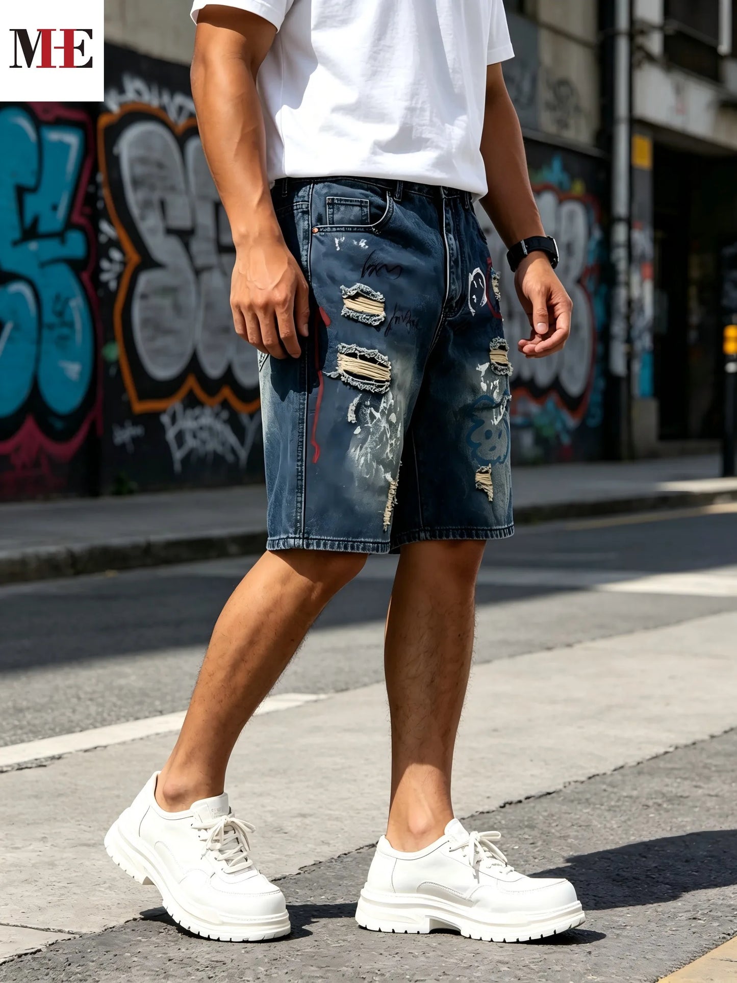 HME Loose Denim Shorts For Men With Unique Graffiti Artwork