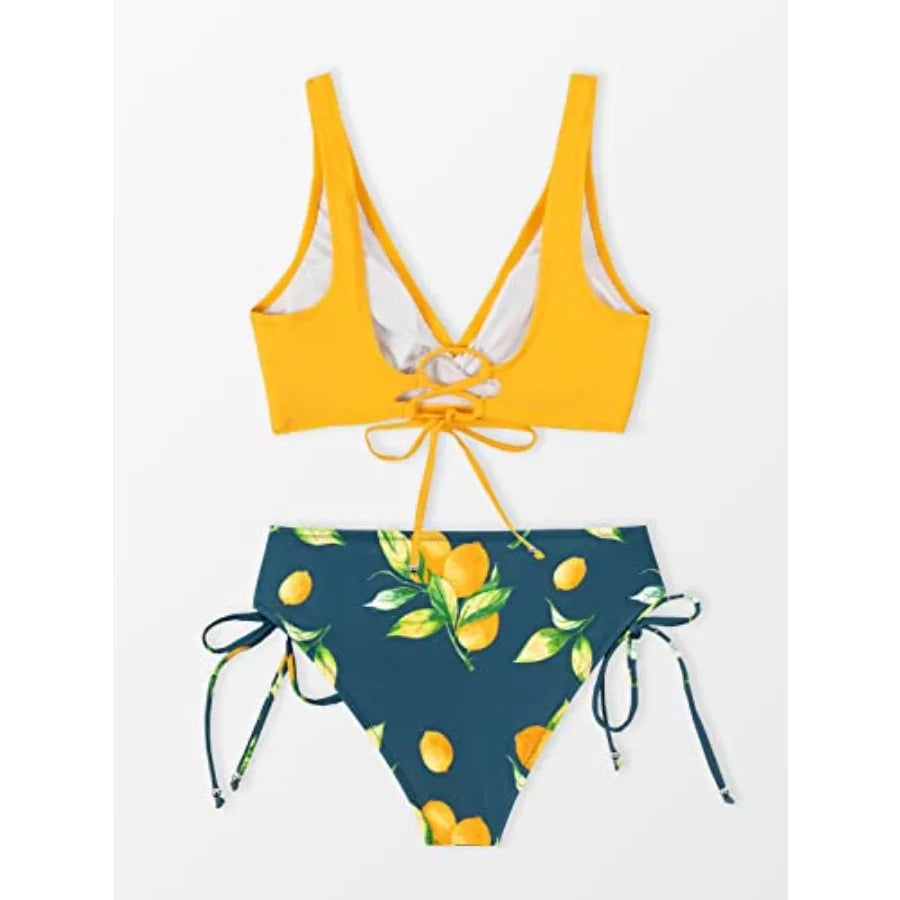Women Two Piece Front Cross Lace Up Bikini Swimsuit Set