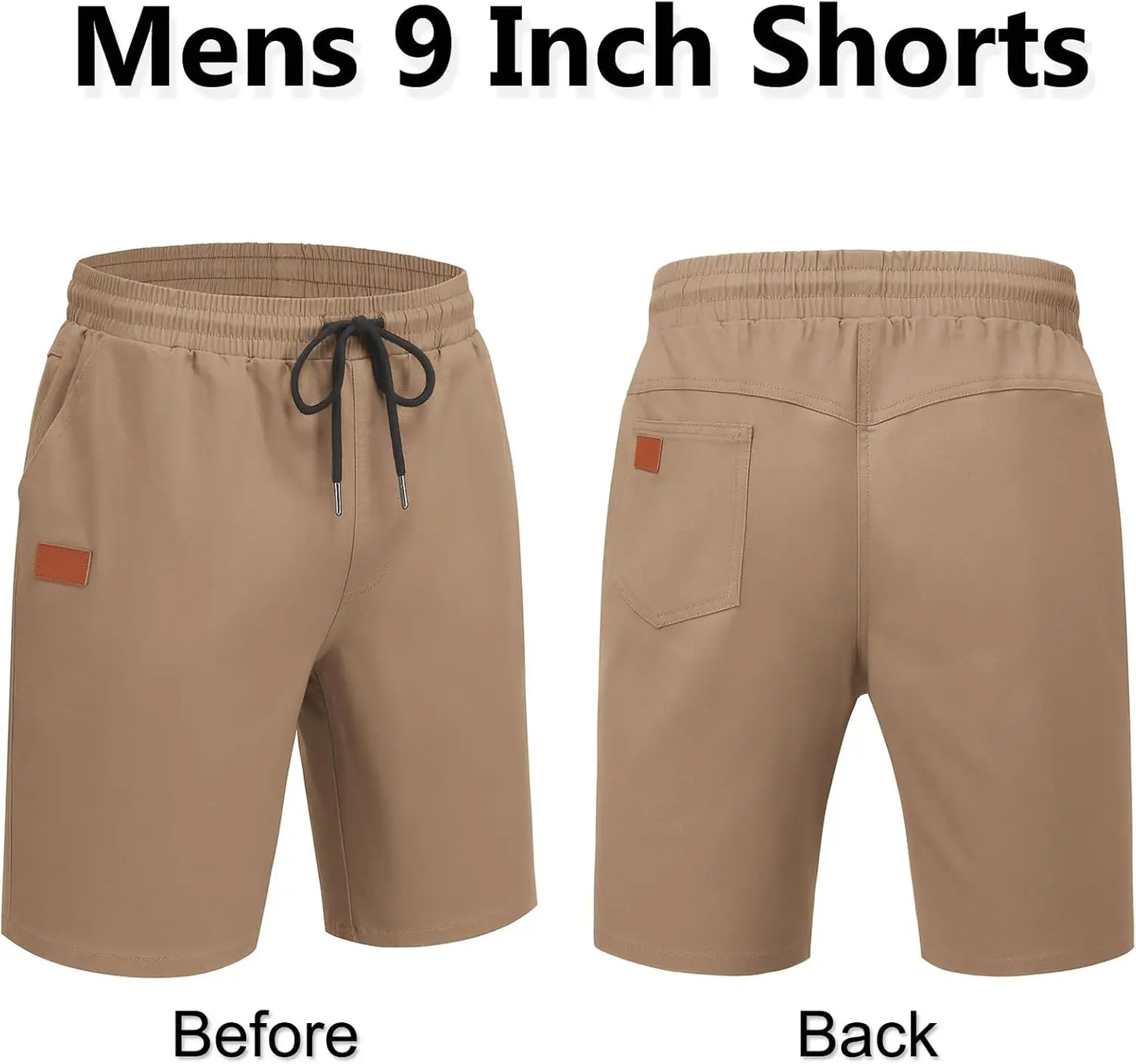 Mens Casual Shorts 9" Chino Cotton Shorts Summer Beach Drawstring Shorts with Pockets