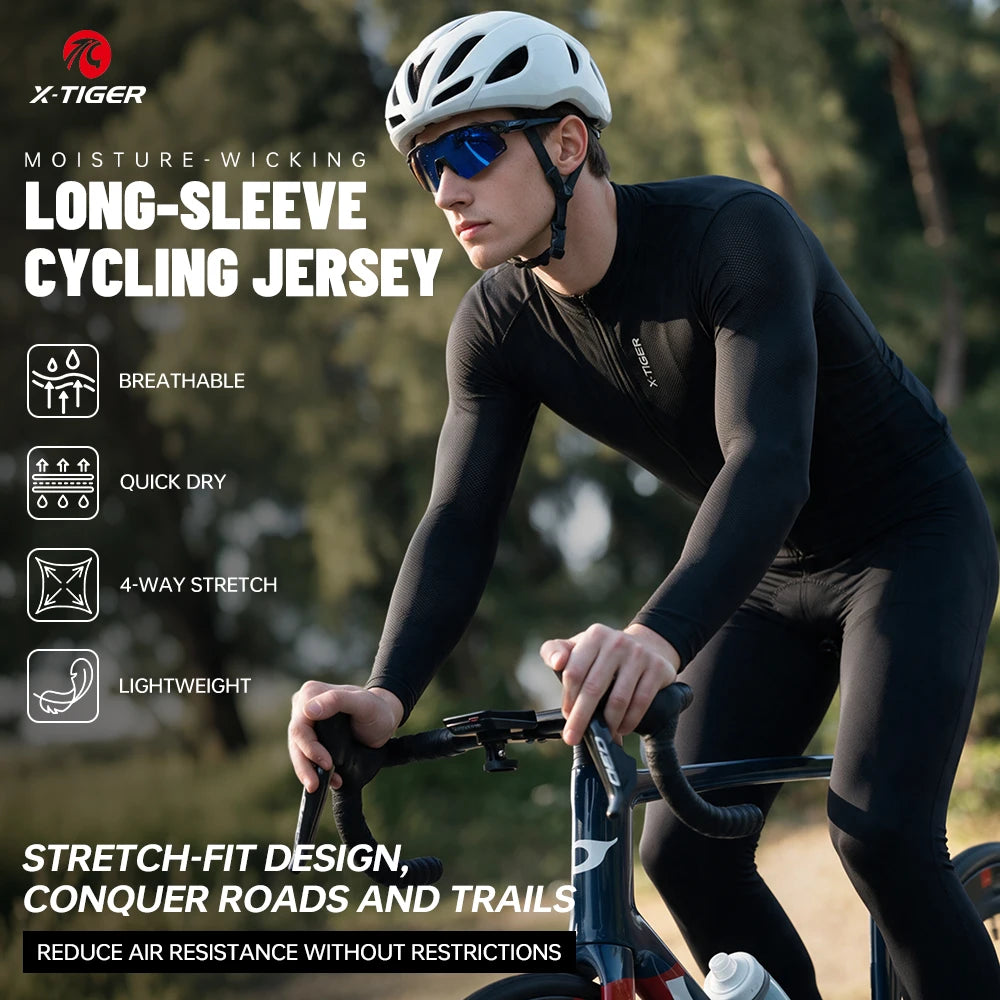 X-TIGER Men's Long Sleeve Cycling Jersey With Zipper Pockets