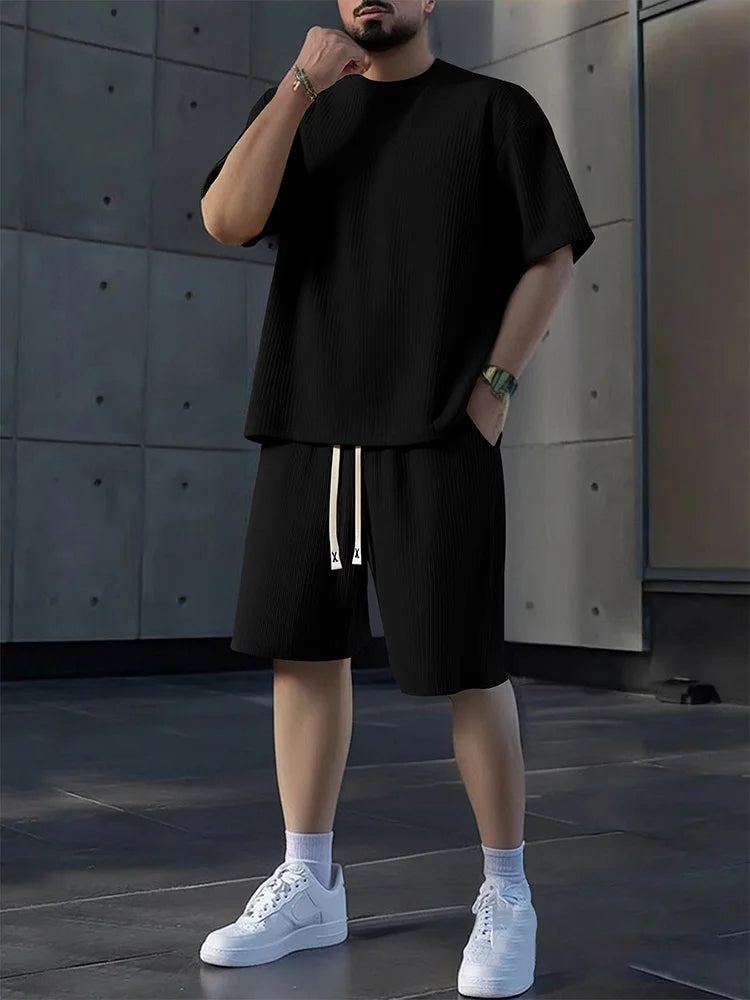 Men's Crew Neck Short Sleeve Shorts Set Textured Sweat Absorbent