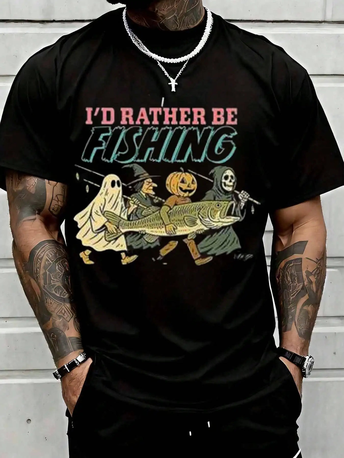 Funny Fishing Ghost Witch Pumpkin Skeleton Halloween Graphic Tee
