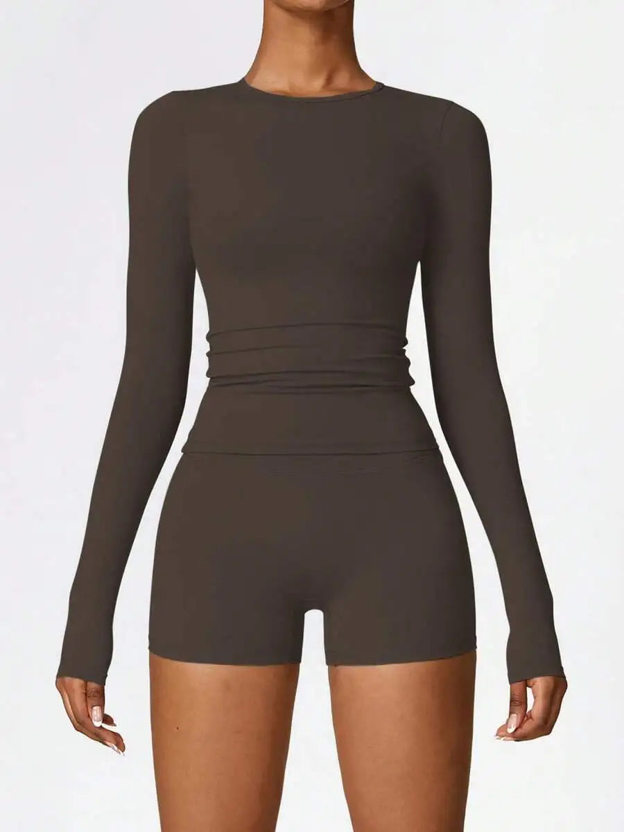 Women's Solid Long Sleeve Short Pant Activewear Set Breathable