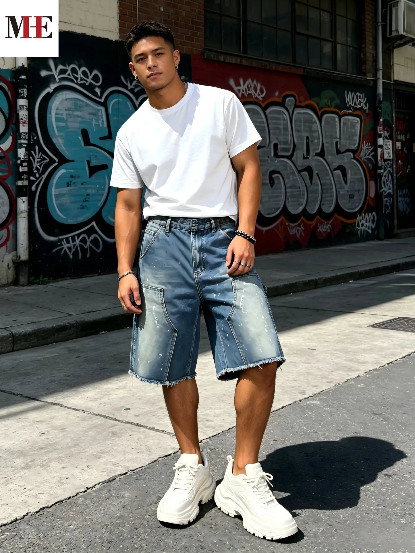 HME Men's Workwear Denim Cargo Shorts With Paint Splatter