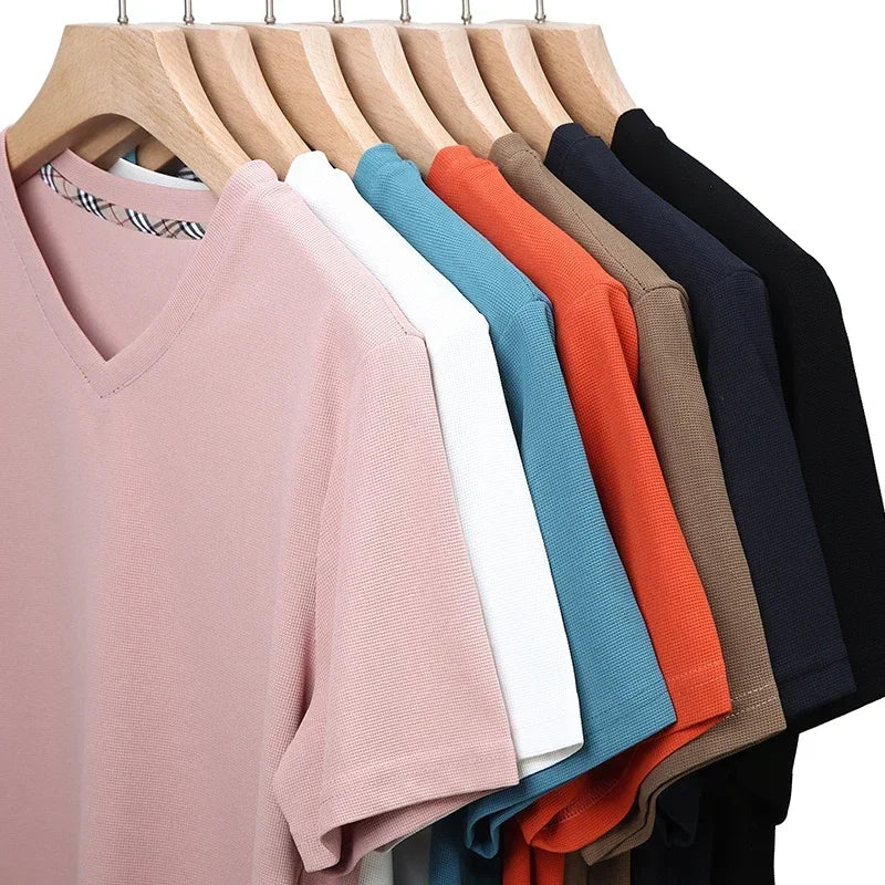 Men's Waffle Knit Vneck Short Sleeve T Shirt Summer Comfort