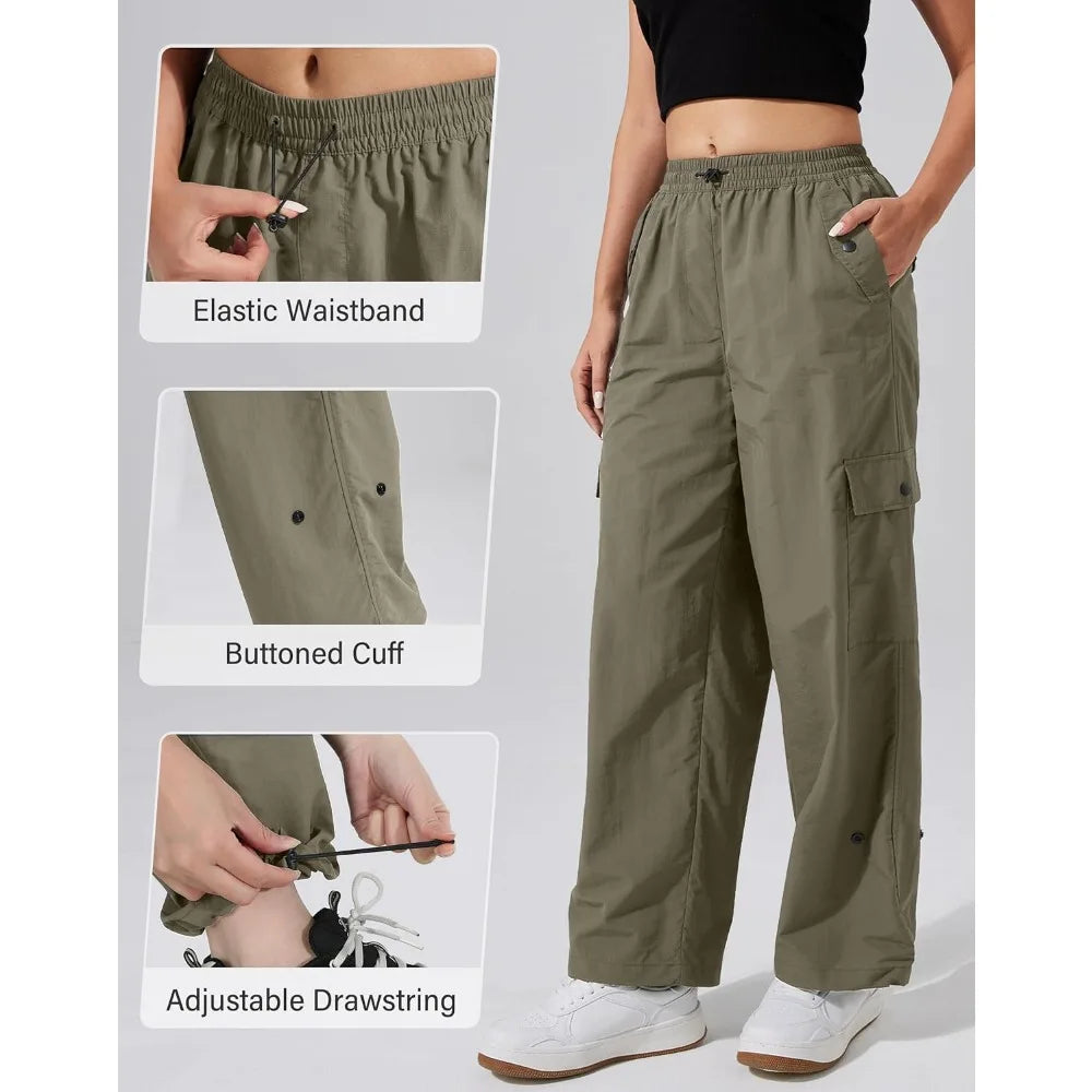 Pioneer Camp Womens Parachute Cargo Pants with Pockets Baggy High Waisted Quick Dry Hiking Pants Lightweight Wide Leg