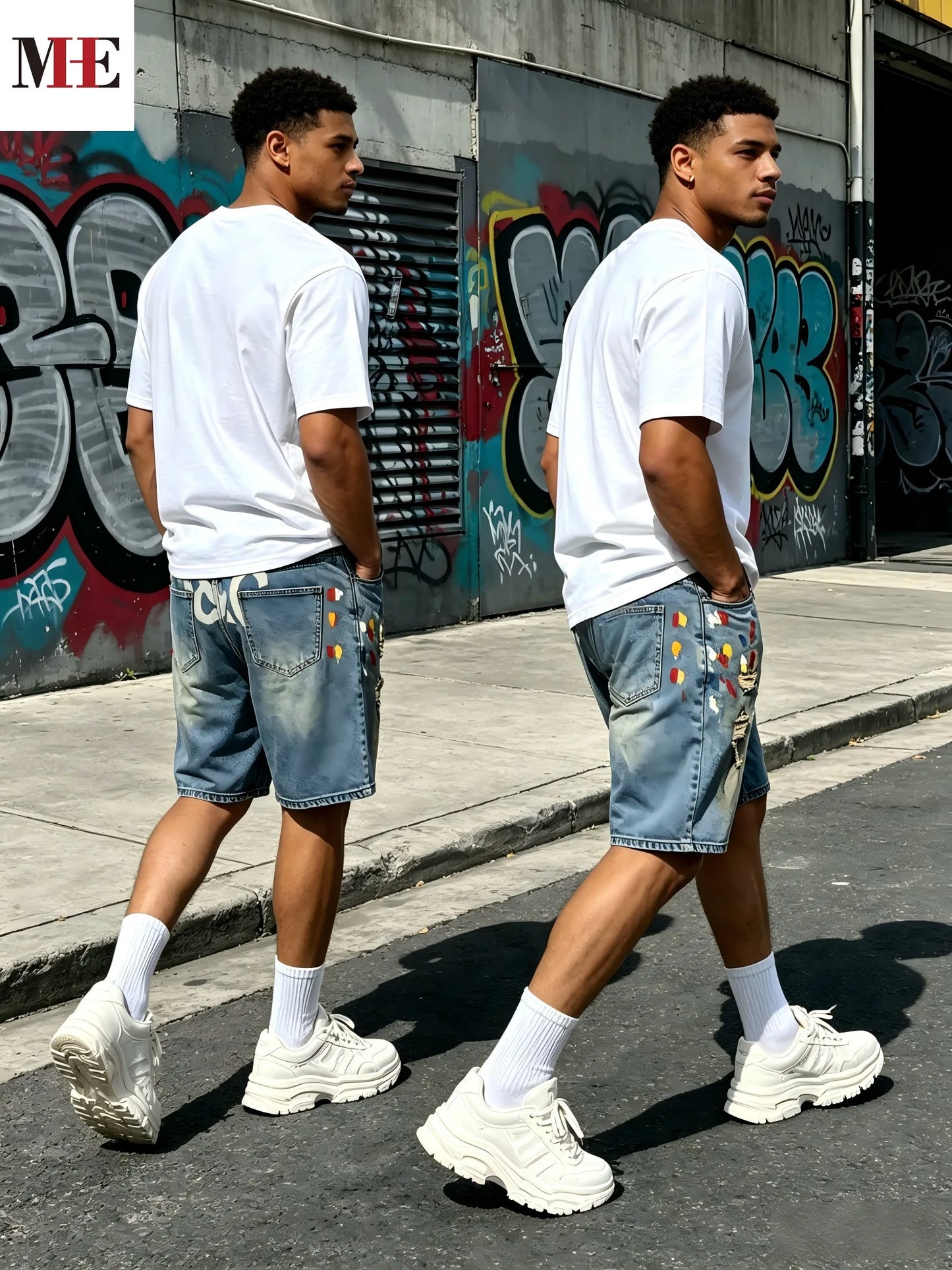 HME Denim Shorts For Men Washed Knee Length With Rips