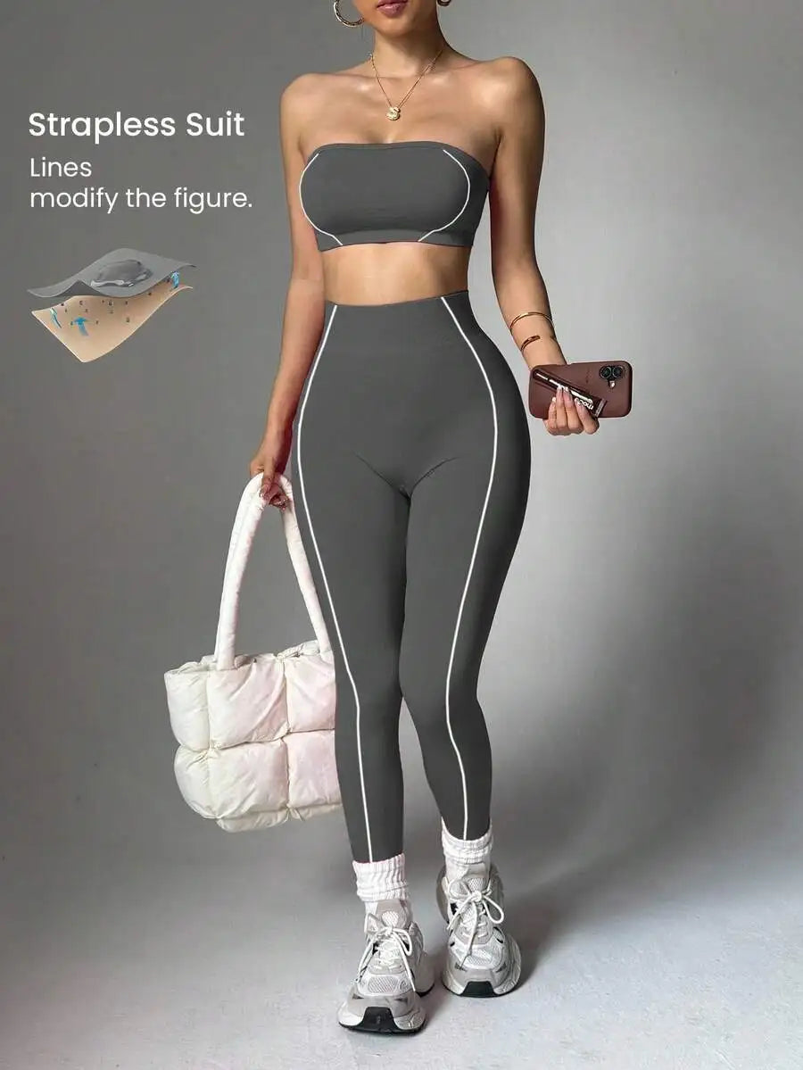 Women Seamless Striped Sports Bra And Leggings Quick Dry Activewear