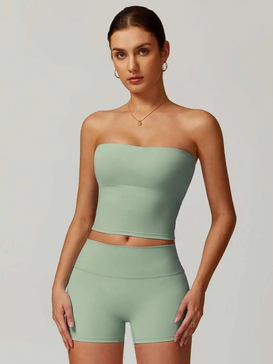 Womens Strapless Crop Top And Shorts Set Yoga Fitness Wear