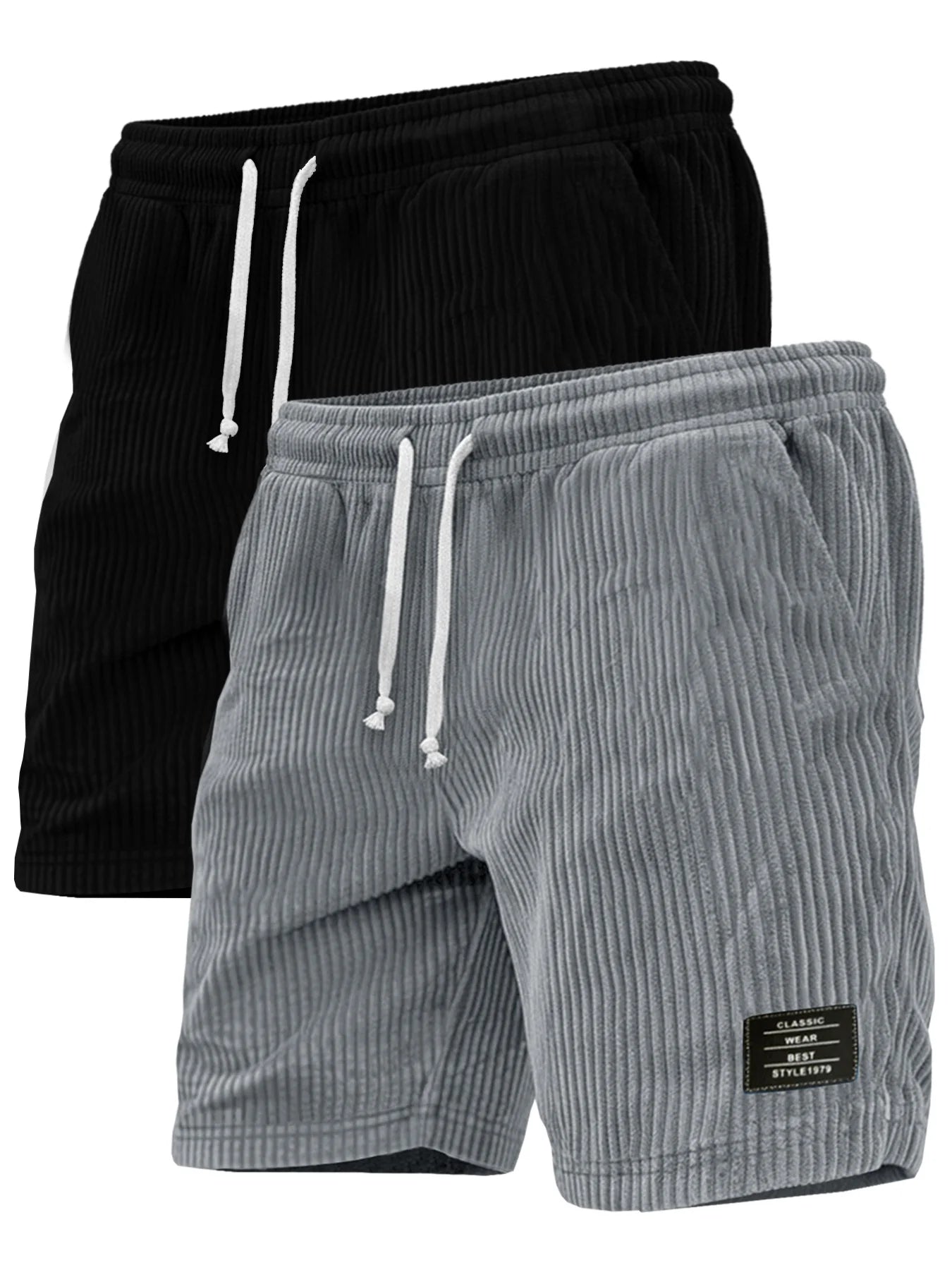 2-piece set of thick striped black label men's corduroy casual shorts, summer retro logo lace up loose sports five quarter pants, multi pocket training pants.