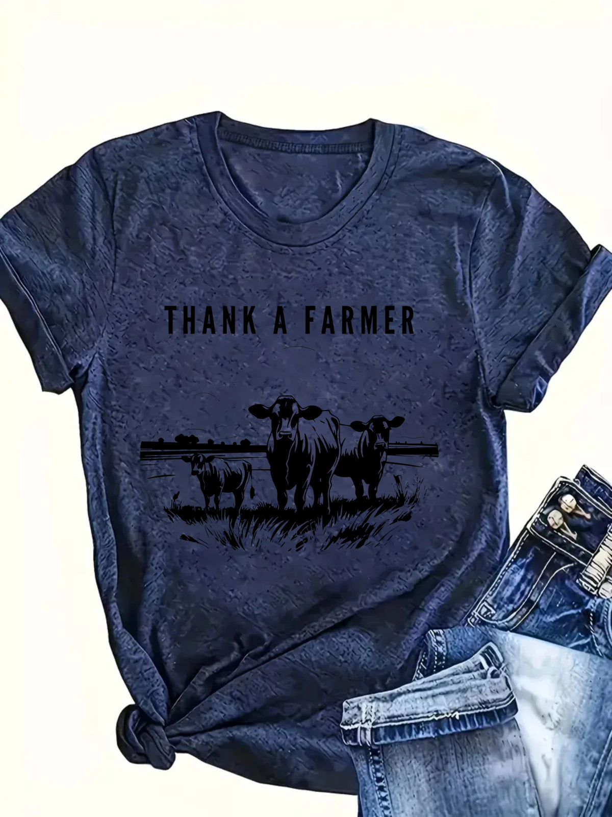 Women's Thank A Farmer Cow Field Graphic Cotton Blend T-Shirt