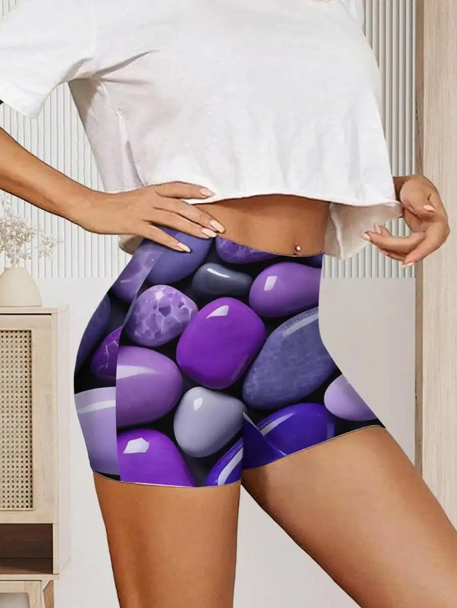 Women Purple Stone Print Sport Shorts For Casual Fitness