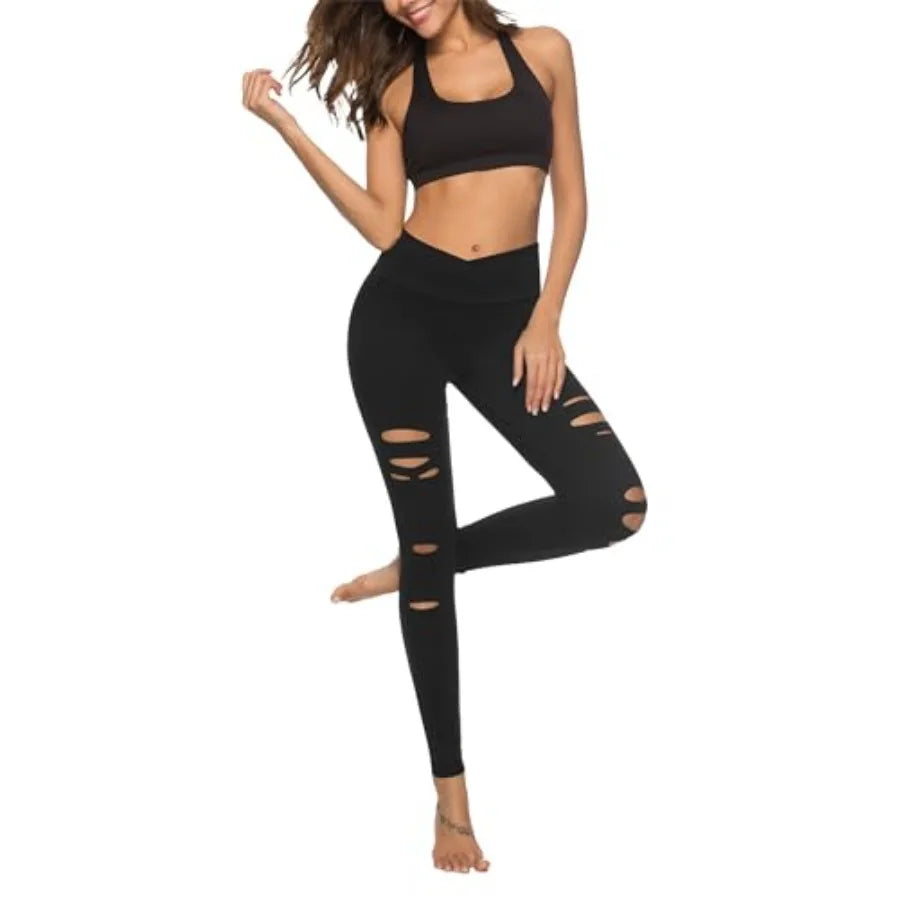 Women's High Waist Yoga Pants Cutout Ripped Tummy Control Leggings