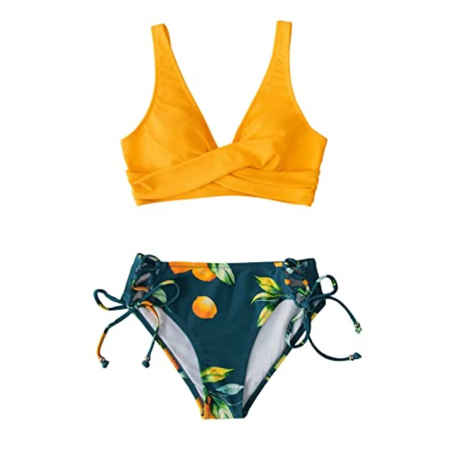 Women Two Piece Front Cross Lace Up Bikini Swimsuit Set
