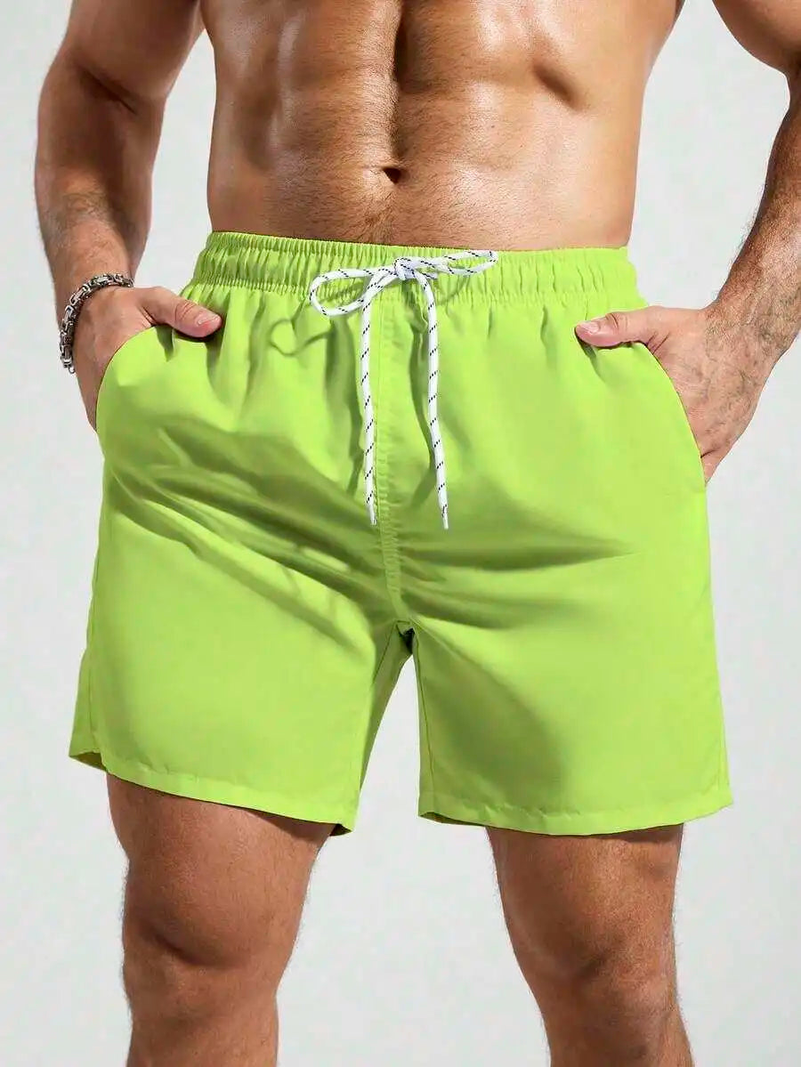 Mens Pocketed Drawstring Waist Beach Quick Dry Swim Trunks